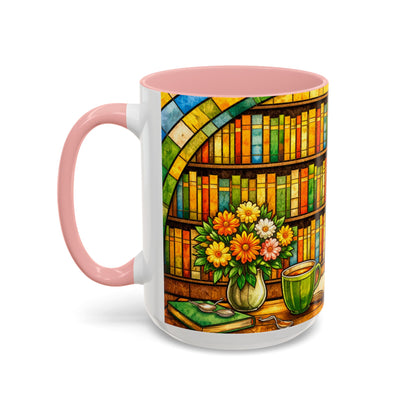 Booklover Coffee Mug – Stained Glass Library Accent Ceramic Mug