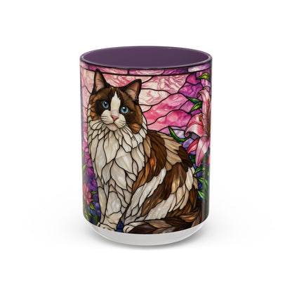 Ragdoll Cat Stained Glass Mug 15oz — Floral Lily Accent Coffee Cup Gift