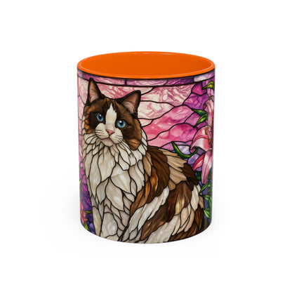 Stained Glass Ragdoll Cat Accent Coffee Mug — Floral Lily Ceramic 11/15oz