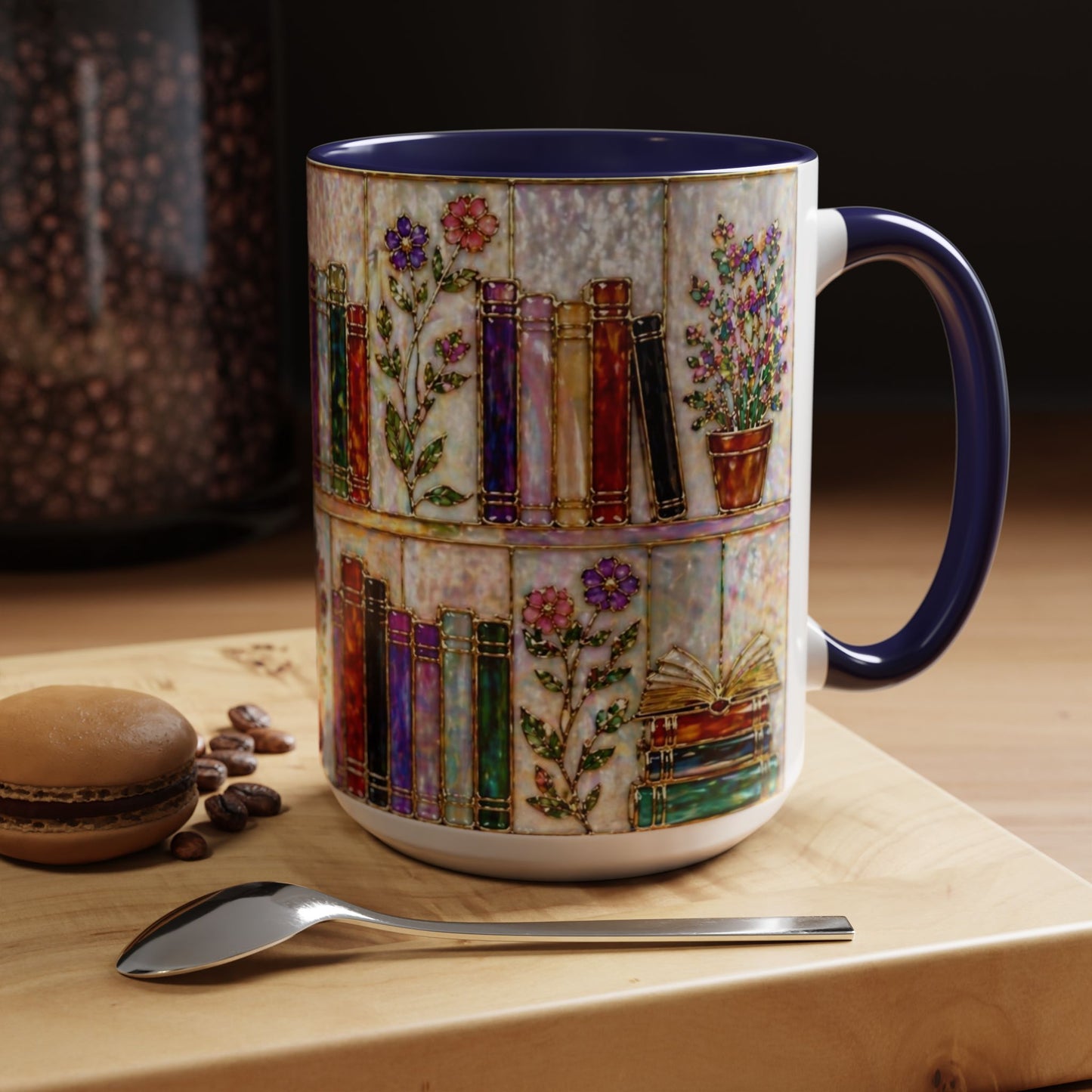 Floral Bookshelf Mug 15oz Book Lover Gift Vintage Literary Ceramic Tea Coffee Cup