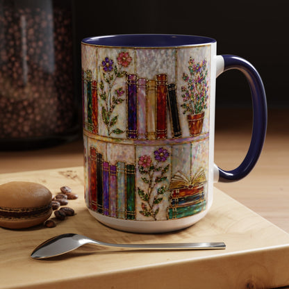 Floral Bookshelf Mug 15oz Book Lover Gift Vintage Literary Ceramic Tea Coffee Cup