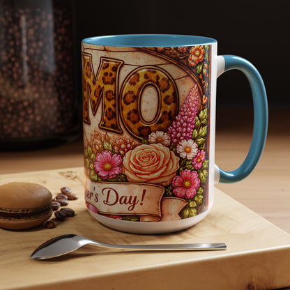 Mom Floral Accent Coffee Mug 15oz — Mother's Day Leopard Print Gift Mug