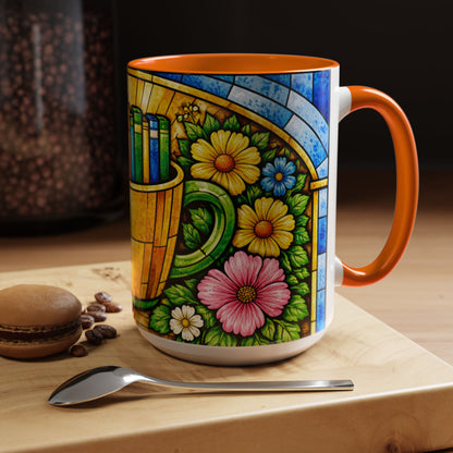Stained Glass Garden Mug — Colorful Floral Book Basket Coffee Mug