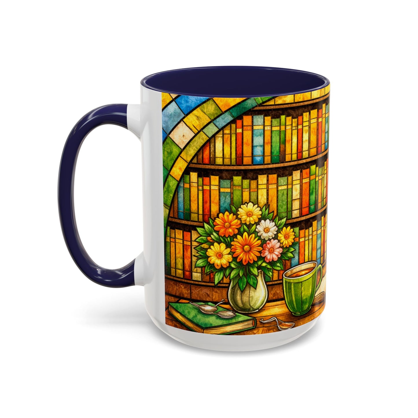 Booklover Coffee Mug – Stained Glass Library Accent Ceramic Mug