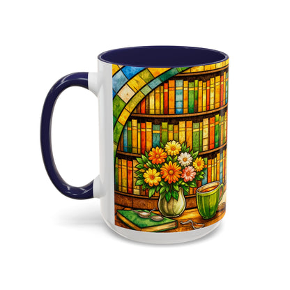 Booklover Coffee Mug – Stained Glass Library Accent Ceramic Mug