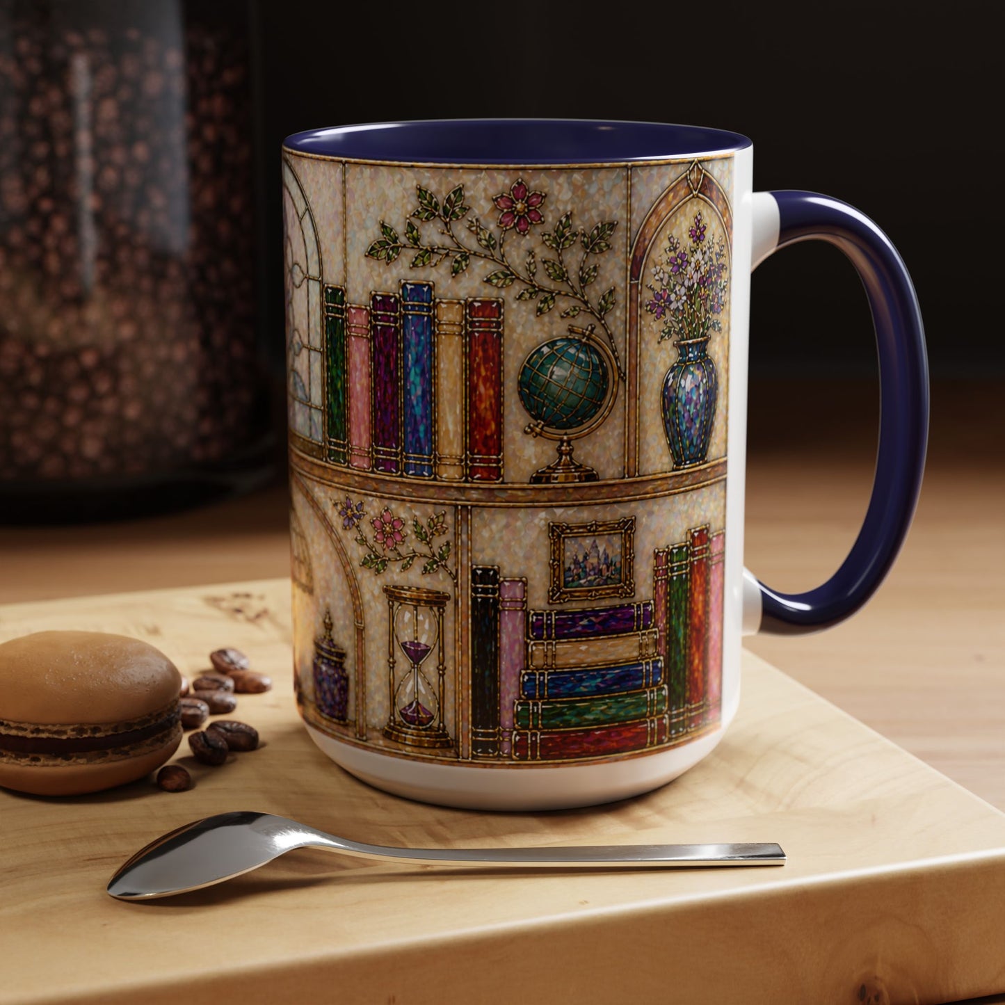 Vintage Library Mug 15oz Stained Glass Bookshelf Book Lover Gift Ceramic Tea Cup