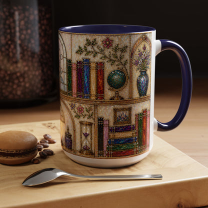 Vintage Library Mug 15oz Stained Glass Bookshelf Book Lover Gift Ceramic Tea Cup