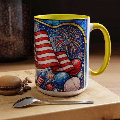 Patriotic American Flag Coffee Mug – Accent Mug with Fireworks & USA Design