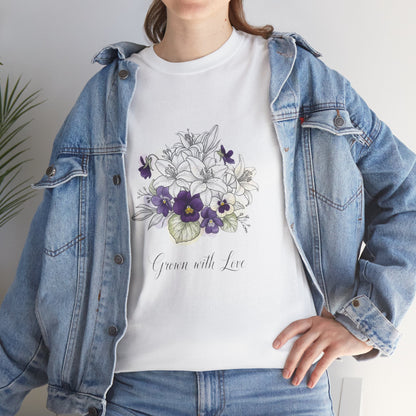Floral 'Grow with Love' Tee — Botanical Pansy Bouquet T-Shirt