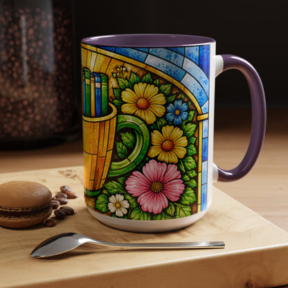 Stained Glass Garden Mug — Colorful Floral Book Basket Coffee Mug