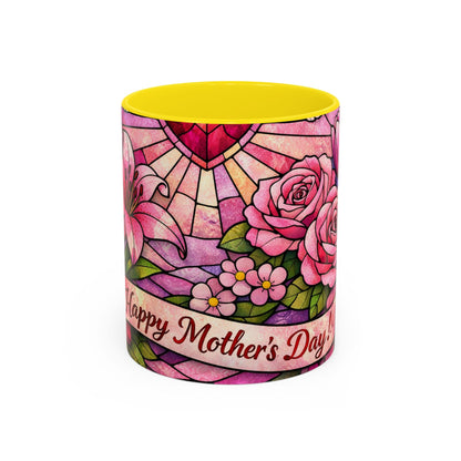 Mother's Day Floral Coffee Mug — Stained-Glass Rose Design, Unique Mom Gift (11 oz)