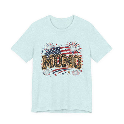 MOMO Leopard Patriotic T‑Shirt — American Flag Fireworks Graphic Tee