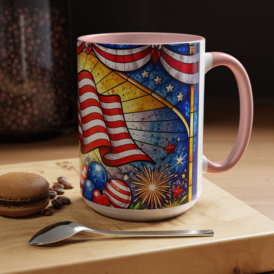 Patriotic Accent Coffee Mug — American Flag & Fireworks