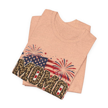 MOMO Leopard Patriotic T‑Shirt — American Flag Fireworks Graphic Tee