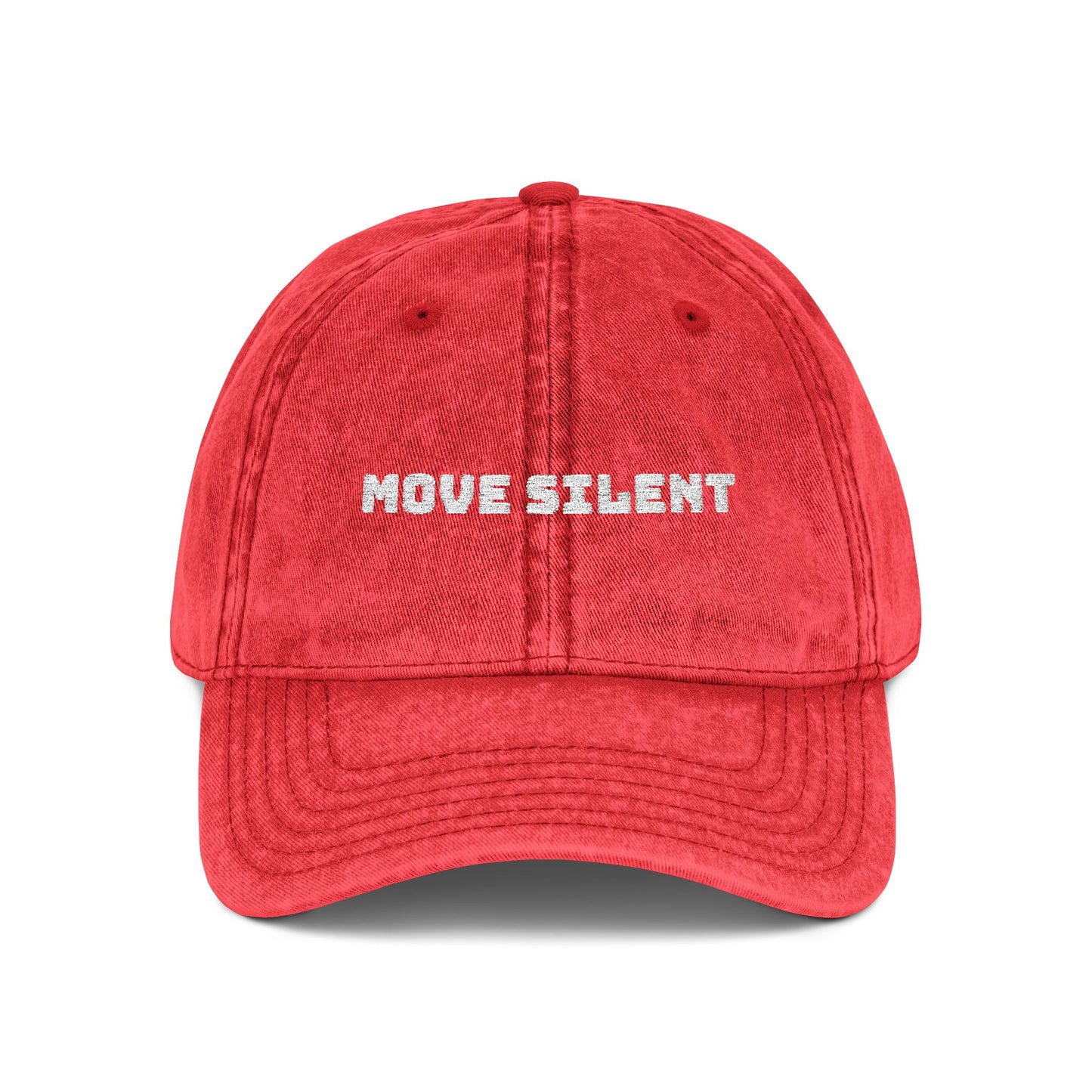 Vintage Embroidered Cap — "Move Silently" Distressed Red Dad Hat