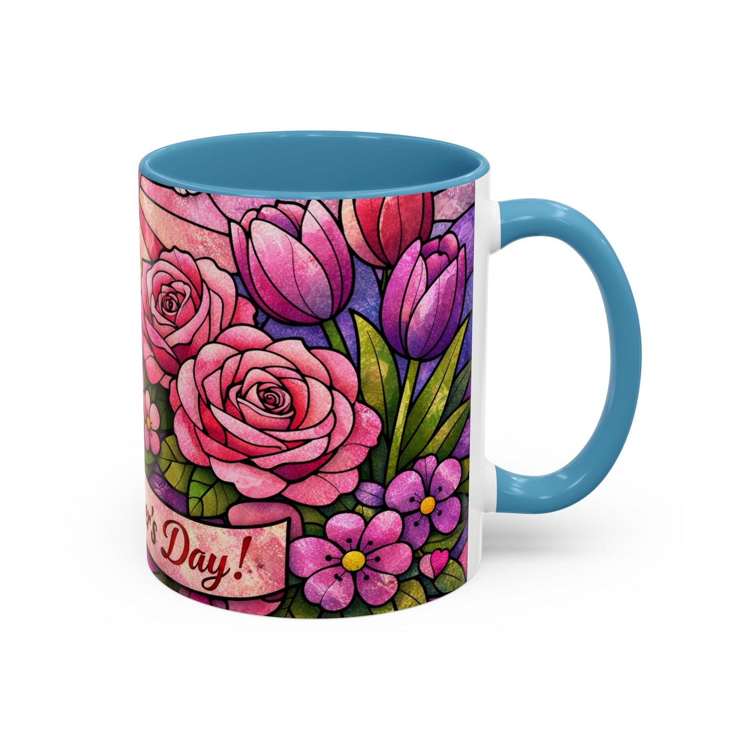 Mother's Day Floral Coffee Mug — Stained-Glass Rose Design, Unique Mom Gift (11 oz)