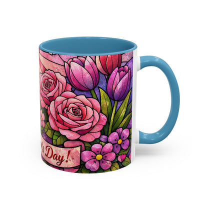 Mother's Day Floral Coffee Mug — Stained-Glass Rose Design, Unique Mom Gift (11 oz)