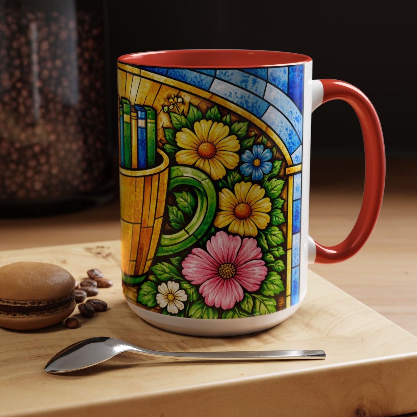 Stained Glass Garden Mug — Colorful Floral Book Basket Coffee Mug