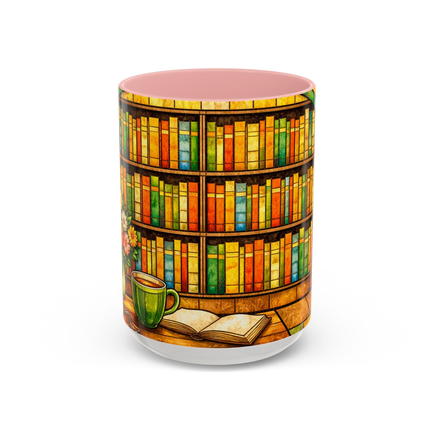 Booklover Coffee Mug – Stained Glass Library Accent Ceramic Mug