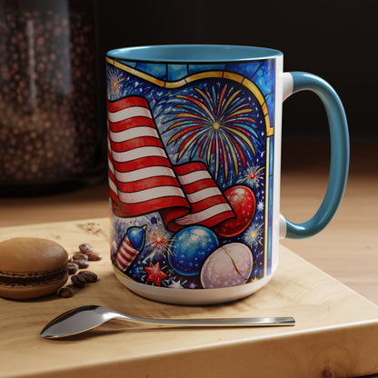 Patriotic American Flag Coffee Mug – Accent Mug with Fireworks & USA Design