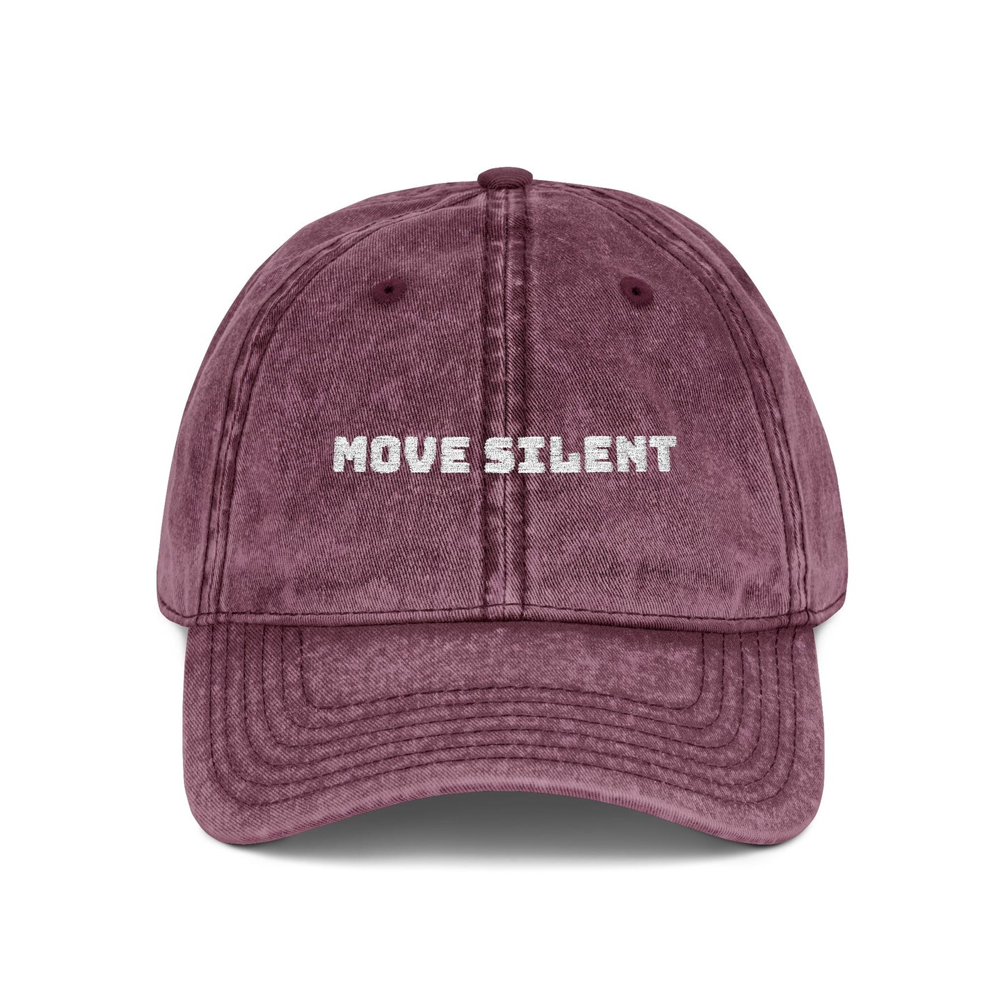 Vintage Embroidered Cap — "Move Silently" Distressed Red Dad Hat