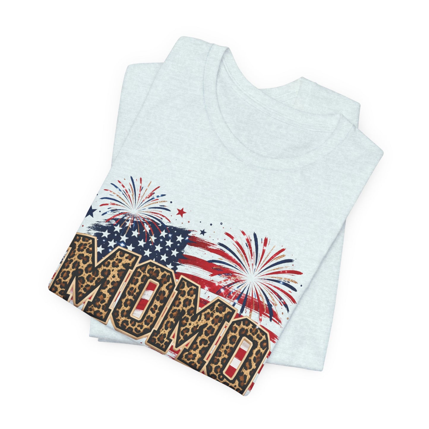 MOMO Leopard Patriotic T‑Shirt — American Flag Fireworks Graphic Tee