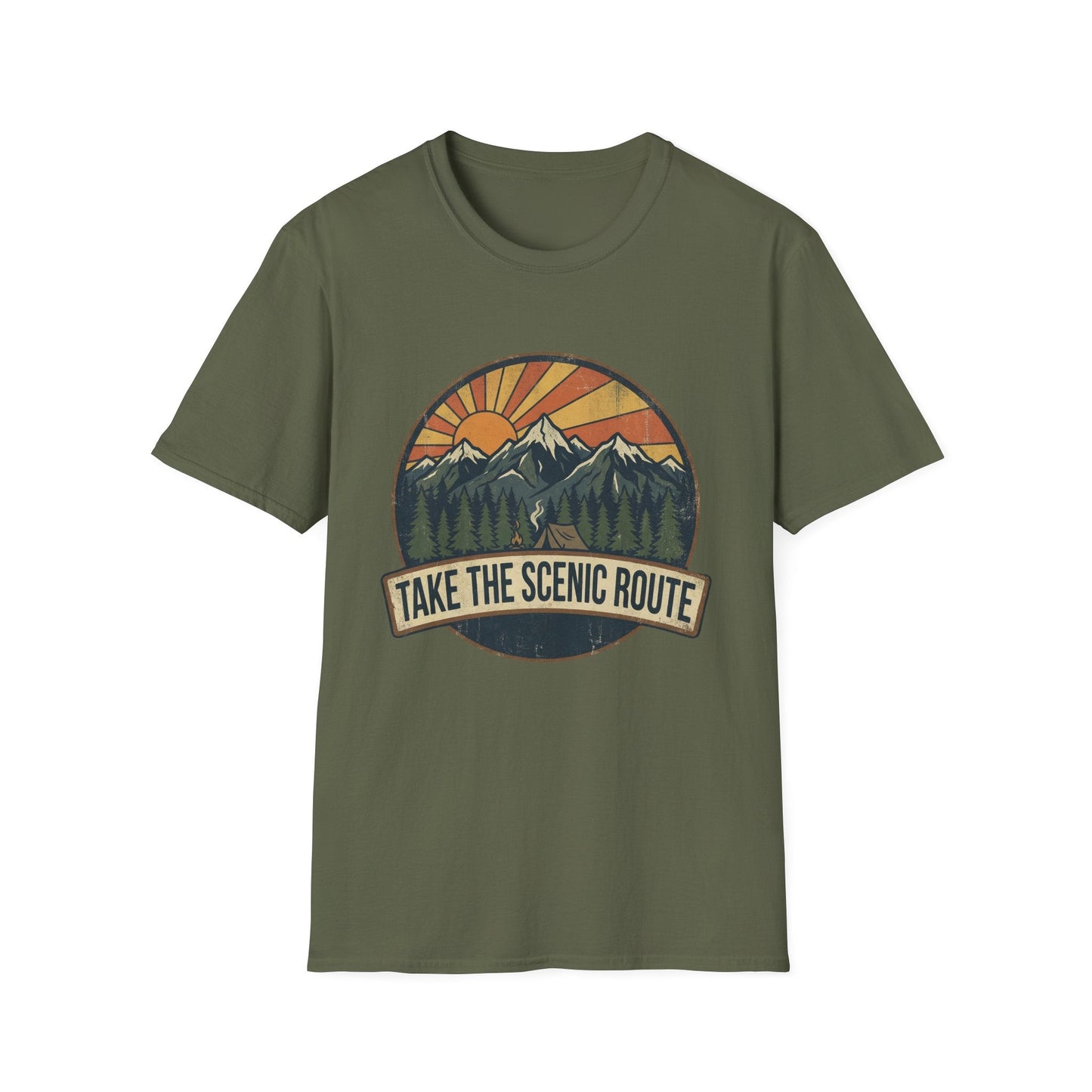 Take The Scenic Route T-Shirt — Vintage Mountain Sun Graphic Tee for Travelers & Hikers