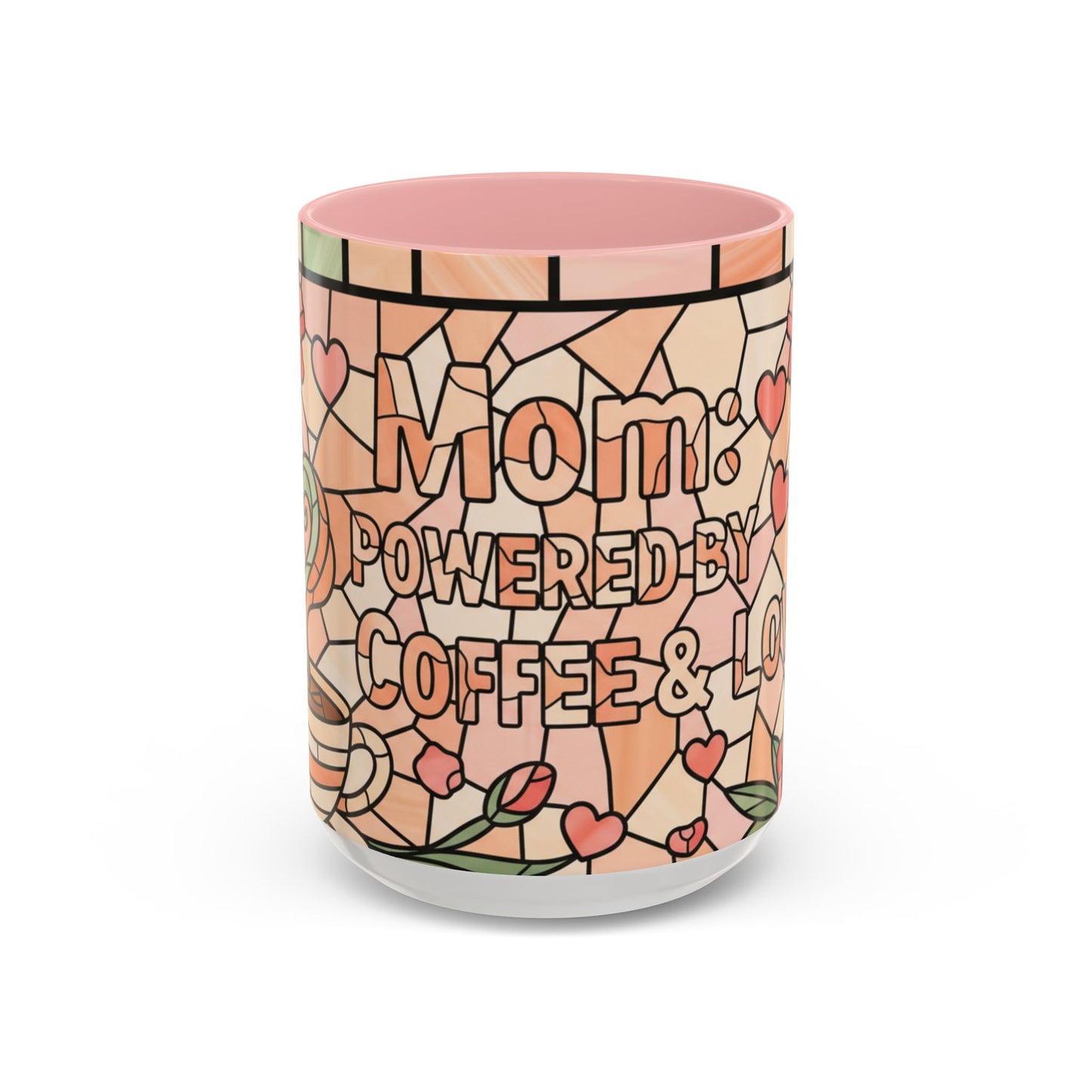 Mother's Day Mom Mug 15oz Powered by Coffee Love Stained Glass Accent Cup Gift