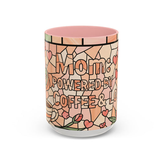 Mother's Day Mom Mug 15oz Powered by Coffee Love Stained Glass Accent Cup Gift