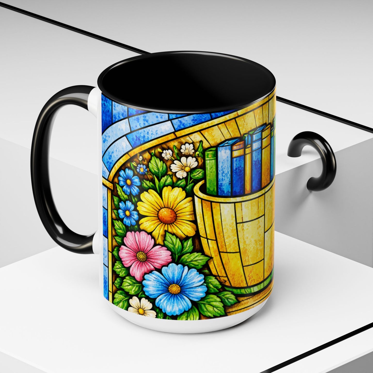 Stained Glass Garden Mug — Colorful Floral Book Basket Coffee Mug