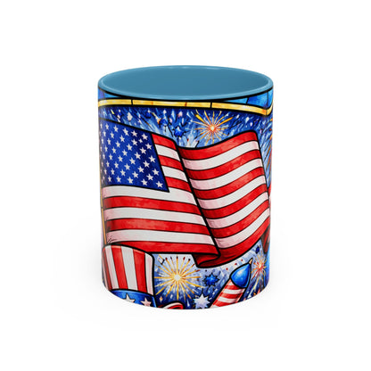 Patriotic American Flag Coffee Mug – 11/15oz Accent Mug with Fireworks & USA Design