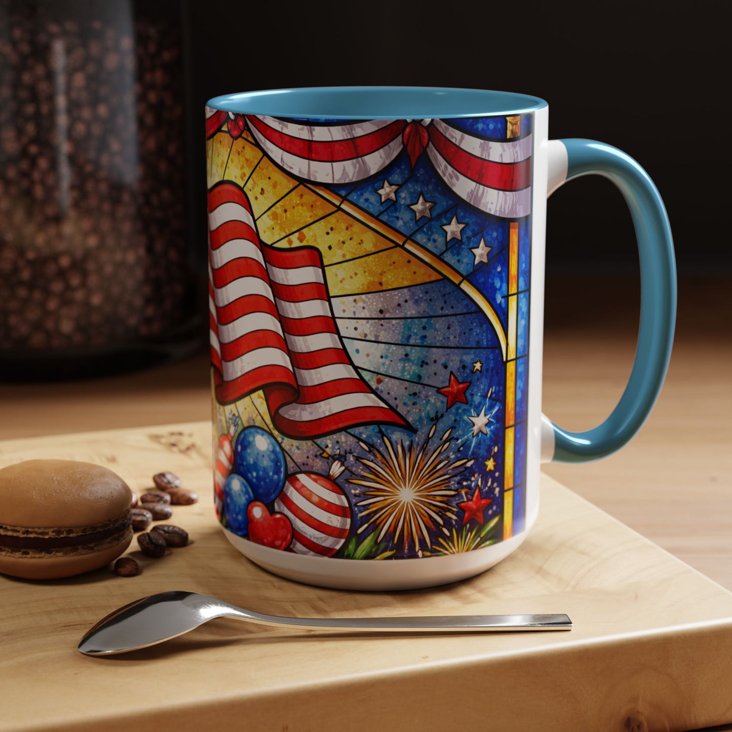 Patriotic Accent Coffee Mug — American Flag & Fireworks 15oz