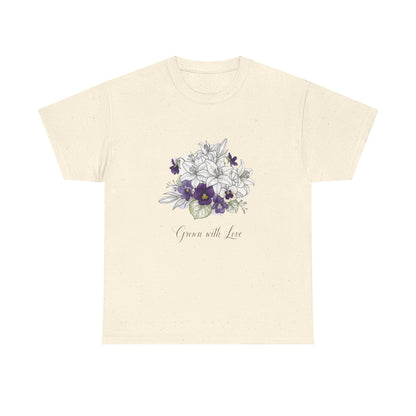 Floral 'Grow with Love' Tee — Botanical Pansy Bouquet T-Shirt