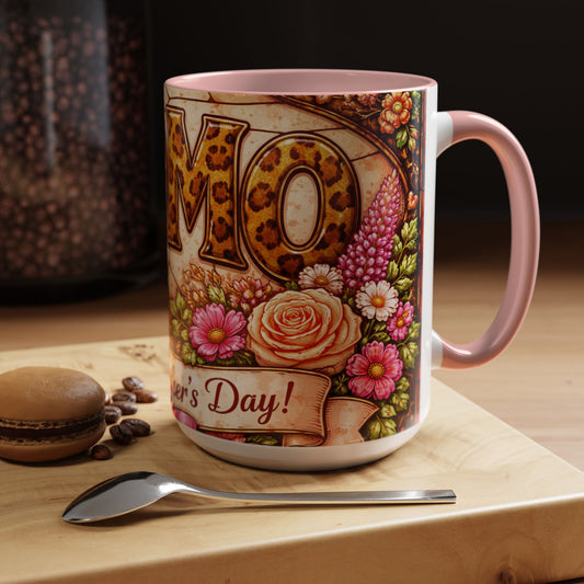 Mom Floral Accent Coffee Mug 15oz — Mother's Day Leopard Print Gift Mug