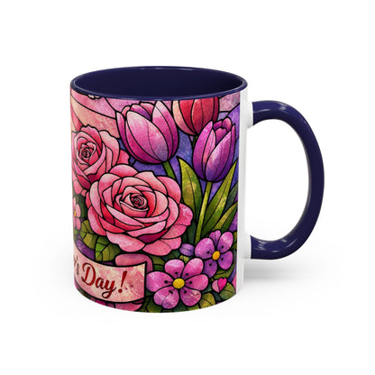 Mother's Day Floral Coffee Mug — Stained-Glass Rose Design, Unique Mom Gift (11 oz)