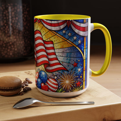 Patriotic Accent Coffee Mug — American Flag & Fireworks 15oz