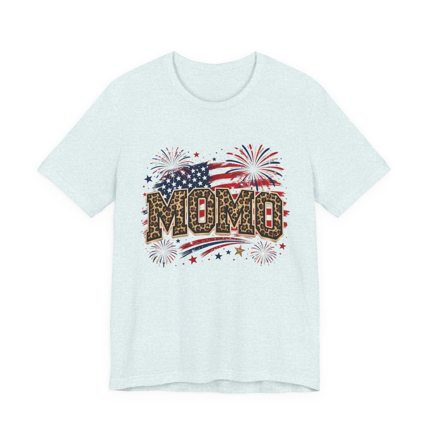MOMO Leopard Patriotic T‑Shirt — American Flag Fireworks Graphic Tee