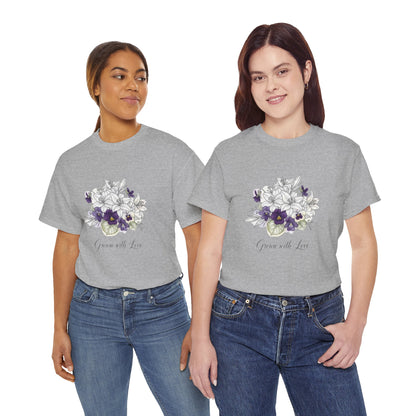 Floral 'Grow with Love' Tee — Botanical Pansy Bouquet T-Shirt