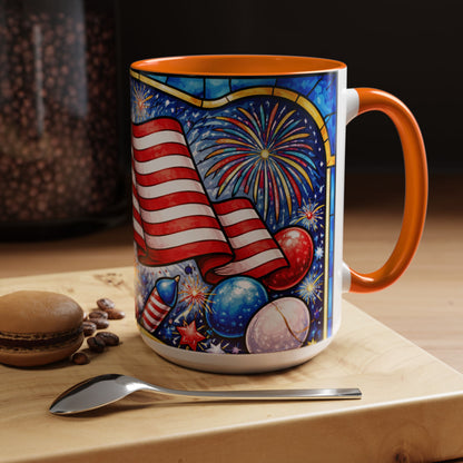 Patriotic American Flag Coffee Mug – Accent Mug with Fireworks & USA Design