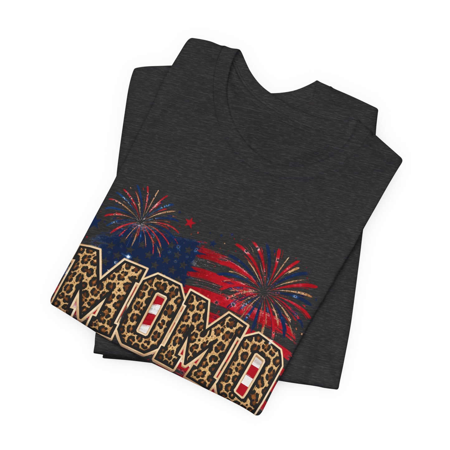 MOMO Leopard Patriotic T‑Shirt — American Flag Fireworks Graphic Tee
