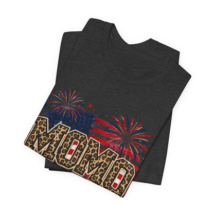 MOMO Leopard Patriotic T‑Shirt — American Flag Fireworks Graphic Tee