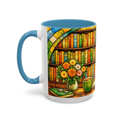 Booklover Coffee Mug – Stained Glass Library Accent Ceramic Mug