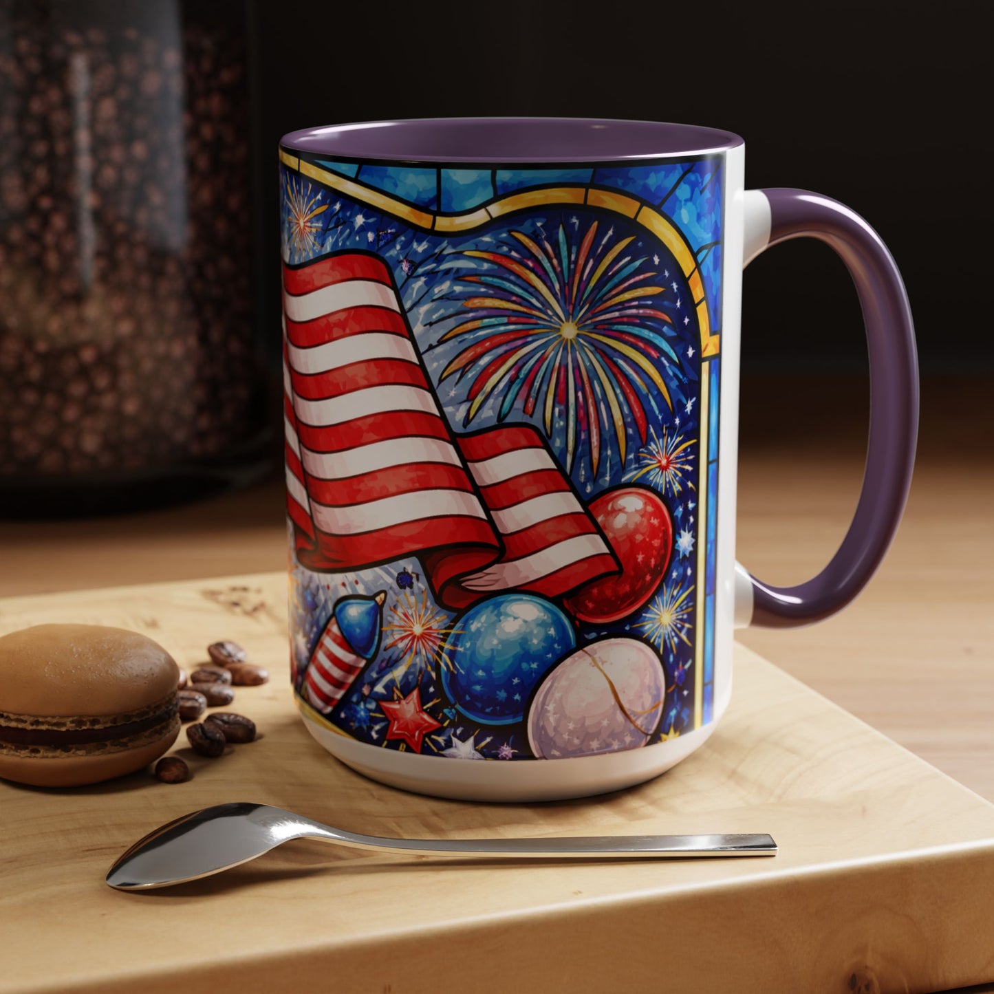 Patriotic American Flag Coffee Mug – Accent Mug with Fireworks & USA Design