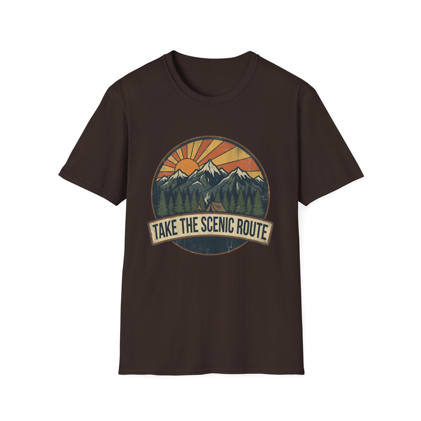Take The Scenic Route T-Shirt — Vintage Mountain Sun Graphic Tee for Travelers & Hikers