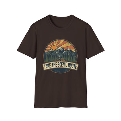 Take The Scenic Route T-Shirt — Vintage Mountain Sun Graphic Tee for Travelers & Hikers