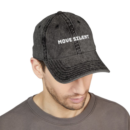 Vintage Embroidered Cap — "Move Silently" Distressed Red Dad Hat