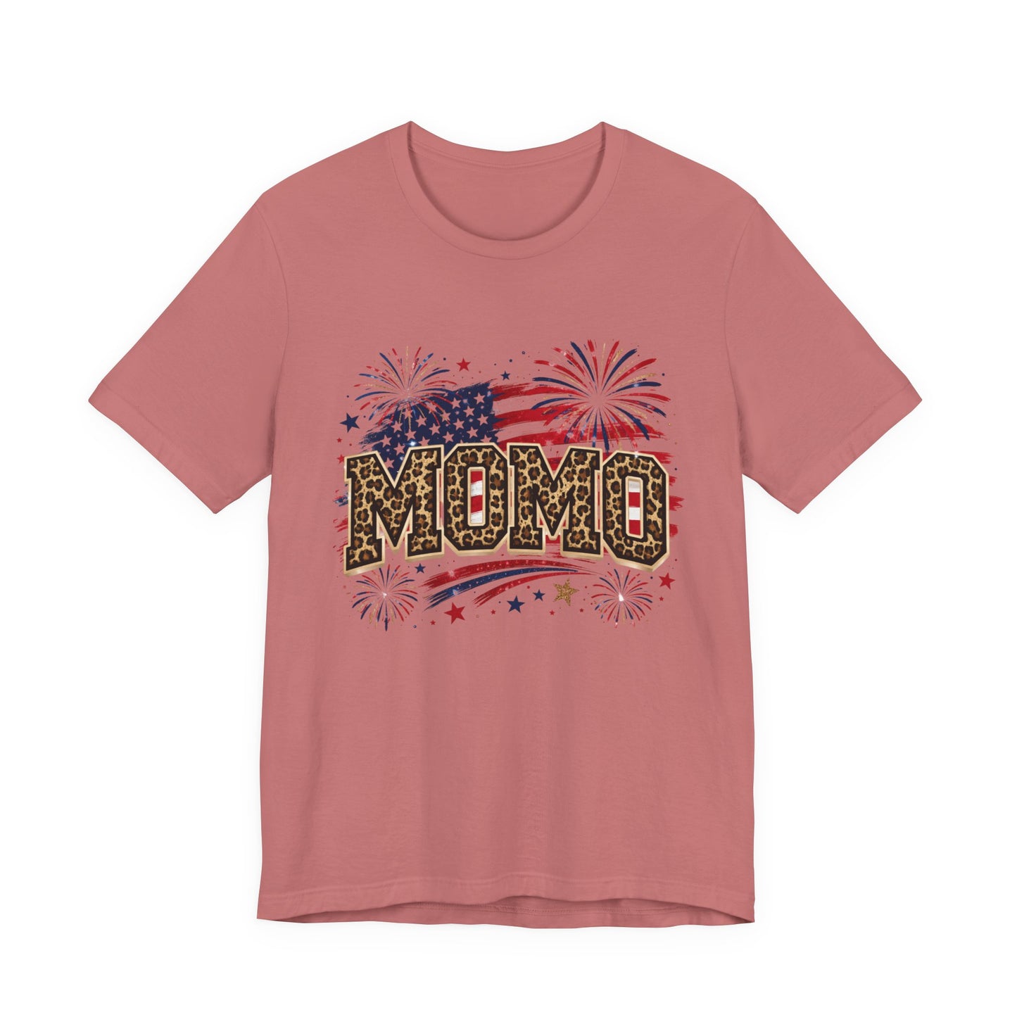 MOMO Leopard Patriotic T‑Shirt — American Flag Fireworks Graphic Tee
