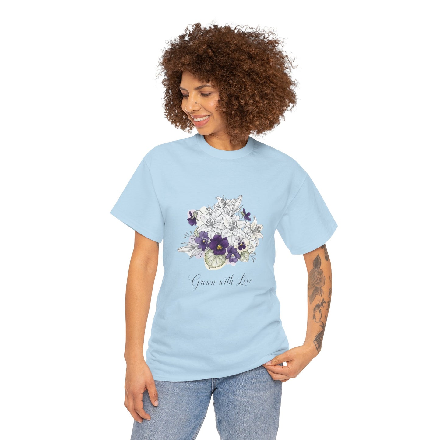 Floral 'Grow with Love' Tee — Botanical Pansy Bouquet T-Shirt