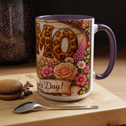 Mom Floral Accent Coffee Mug 15oz — Mother's Day Leopard Print Gift Mug