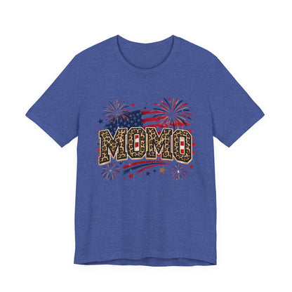 MOMO Leopard Patriotic T‑Shirt — American Flag Fireworks Graphic Tee